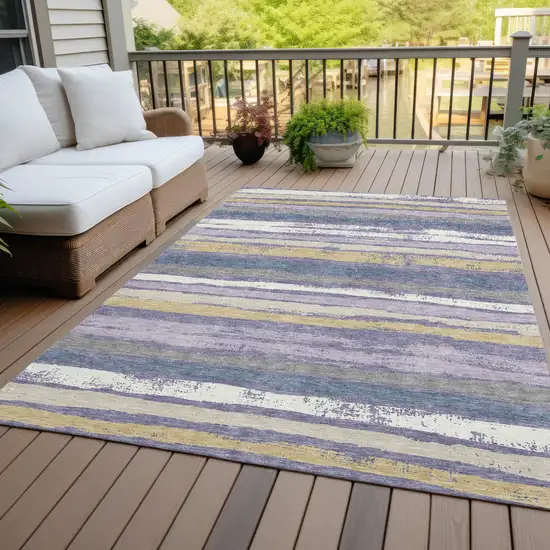 Purple Ivory And Beige Striped Washable Indoor Outdoor Area Rug Photo 8