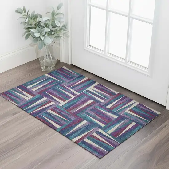 Purple Ivory And Blue Geometric Washable Area Rug With UV Protection Photo 2
