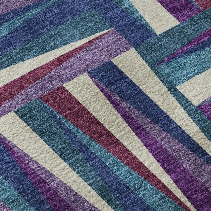 Purple Ivory And Blue Geometric Washable Area Rug With UV Protection Photo 9