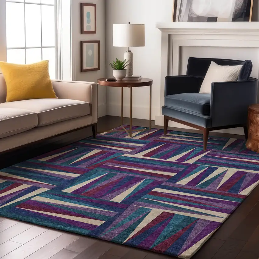 Purple Ivory And Blue Geometric Washable Area Rug With UV Protection Photo 4