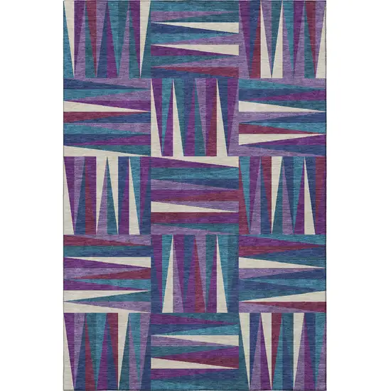 Purple Ivory And Blue Geometric Washable Area Rug With UV Protection Photo 3