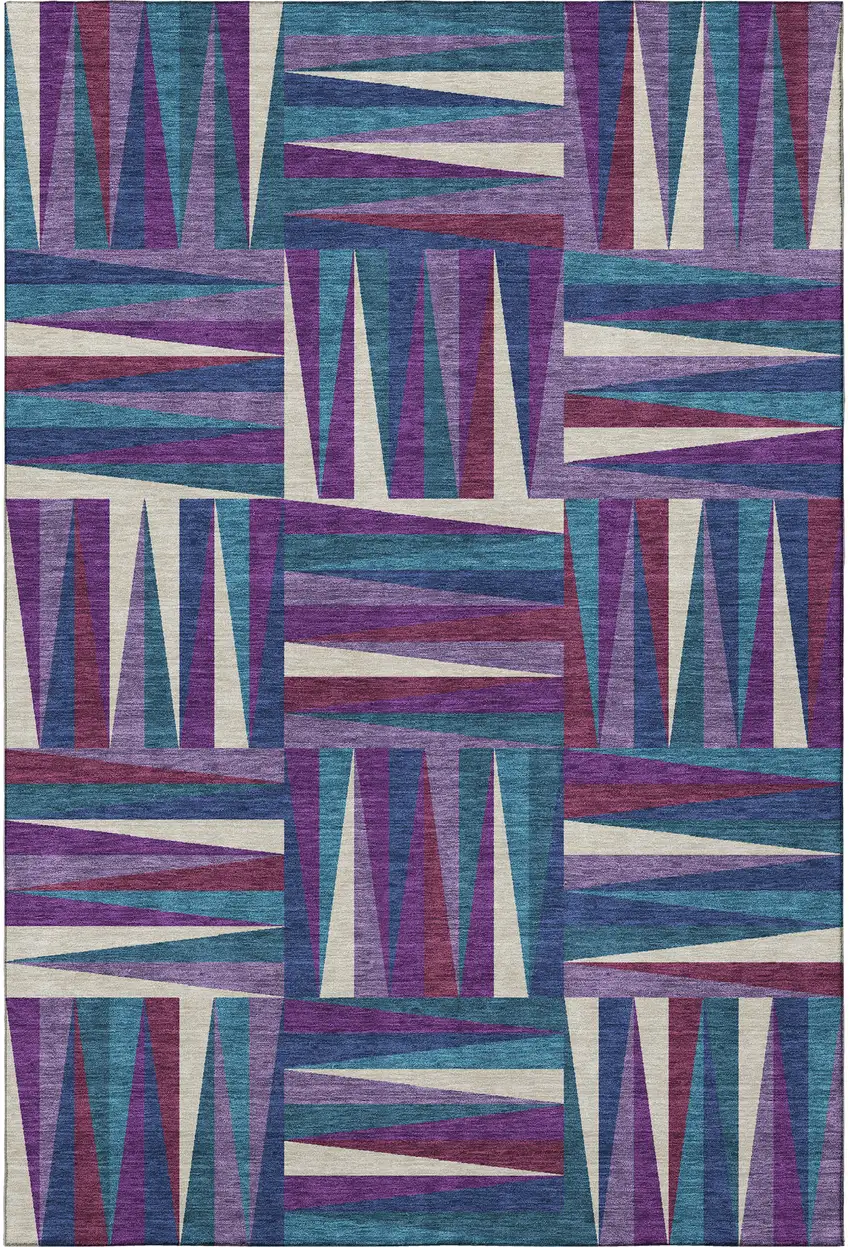 Purple Ivory And Blue Geometric Washable Area Rug With UV Protection Photo 3