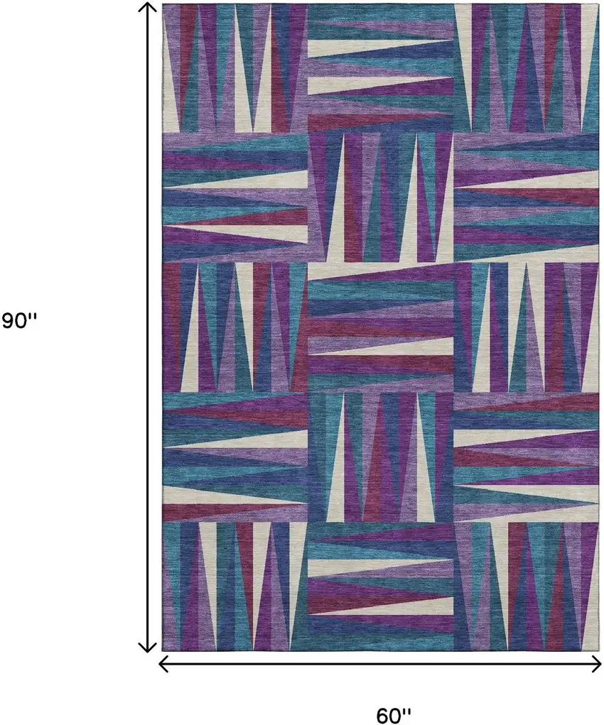 Purple Ivory And Blue Geometric Washable Area Rug With UV Protection Photo 6