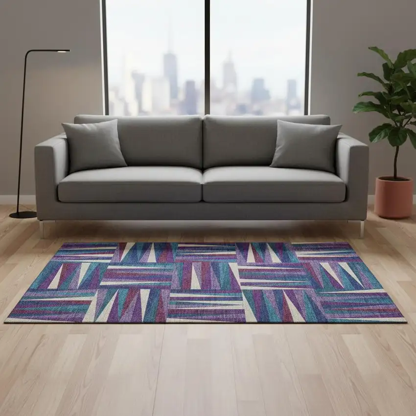 Purple Ivory And Blue Geometric Washable Area Rug With UV Protection Photo 2