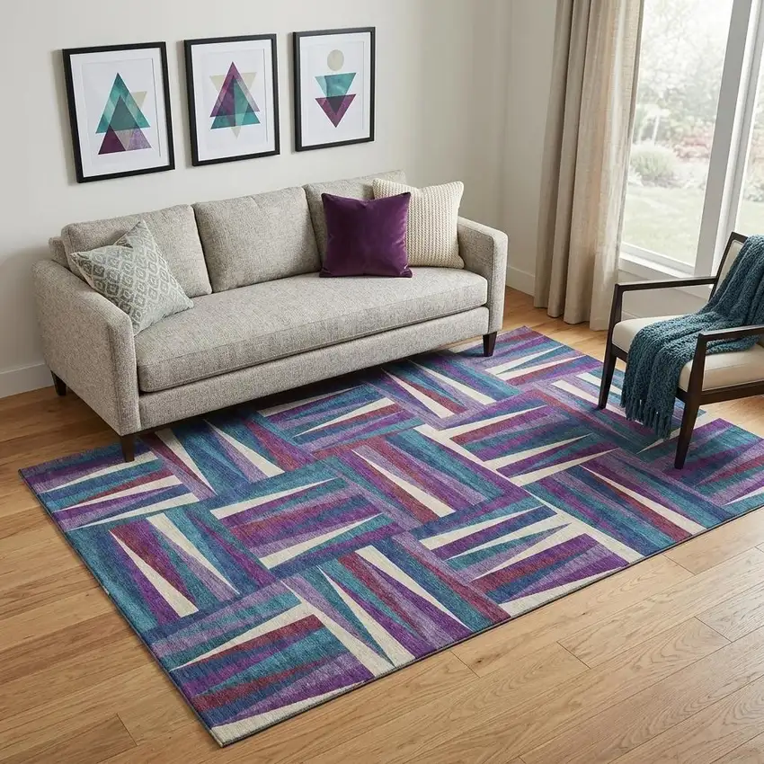 Purple Ivory And Blue Geometric Washable Area Rug With UV Protection Photo 1