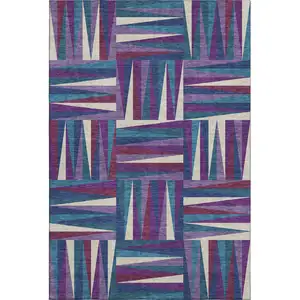 Photo of Purple Ivory And Blue Geometric Washable Area Rug With UV Protection