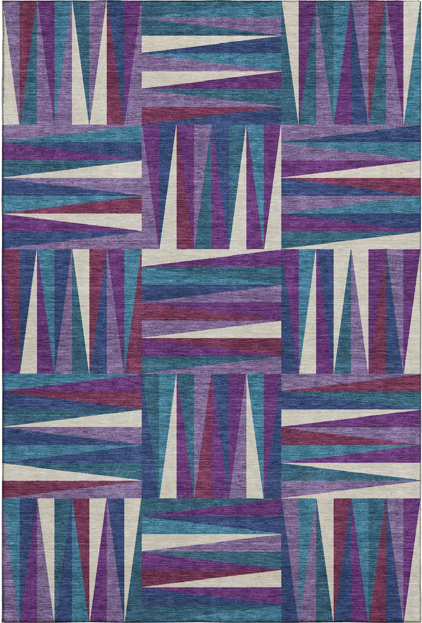 Purple Ivory And Blue Geometric Washable Area Rug With UV Protection Photo 1
