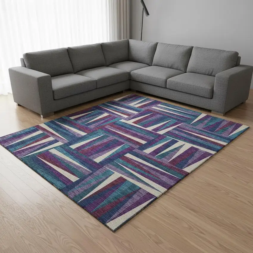Purple Ivory And Blue Geometric Washable Area Rug With UV Protection Photo 2