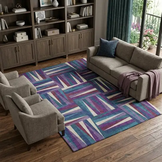Purple Ivory And Blue Geometric Washable Area Rug With UV Protection Photo 1