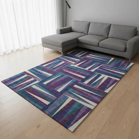 Purple Ivory And Blue Geometric Washable Area Rug With UV Protection Photo 2