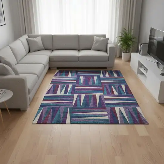 Purple Ivory And Blue Geometric Washable Area Rug With UV Protection Photo 2