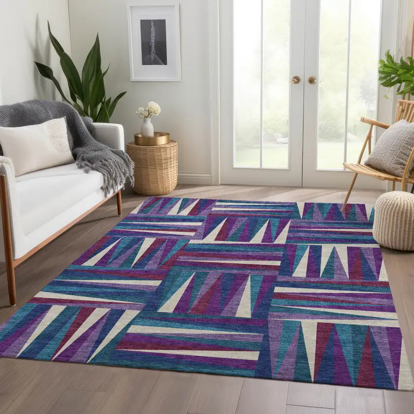 Purple Ivory And Blue Geometric Washable Area Rug With UV Protection Photo 5