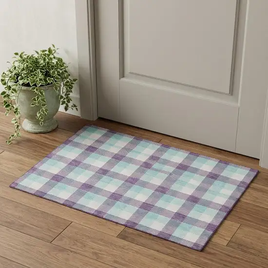 Purple Ivory And Blue Plaid Washable Area Rug With UV Protection Photo 1