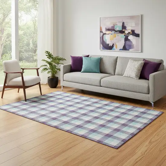 Purple Ivory And Blue Plaid Washable Area Rug With UV Protection Photo 2