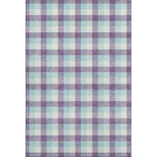 Purple Ivory And Blue Plaid Washable Area Rug With UV Protection Photo 1