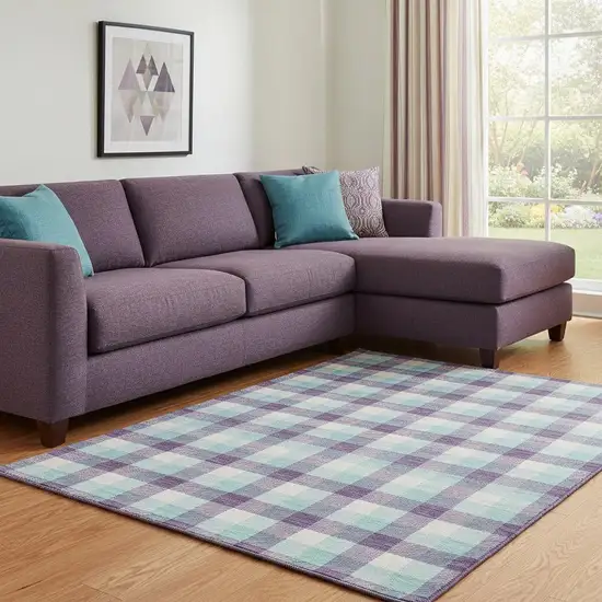 Purple Ivory And Blue Plaid Washable Area Rug With UV Protection Photo 2