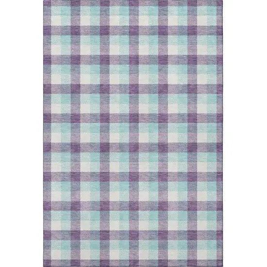 Purple Ivory And Blue Plaid Washable Area Rug With UV Protection Photo 2