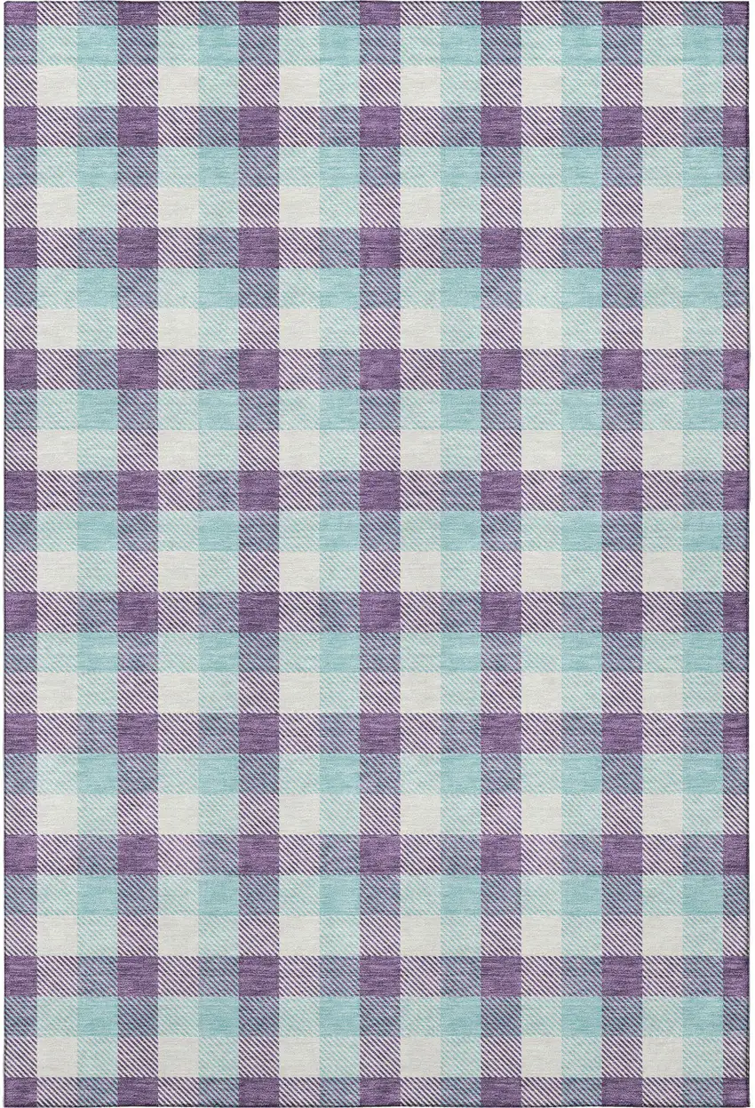 Purple Ivory And Blue Plaid Washable Area Rug With UV Protection Photo 2