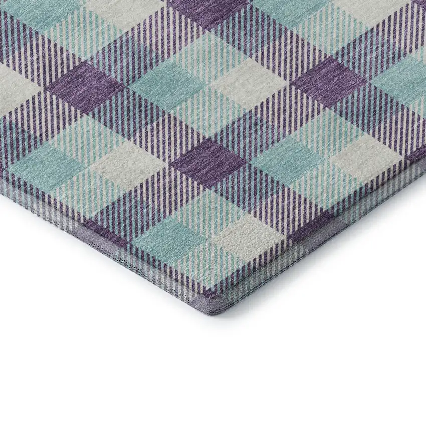 Purple Ivory And Blue Plaid Washable Area Rug With UV Protection Photo 6