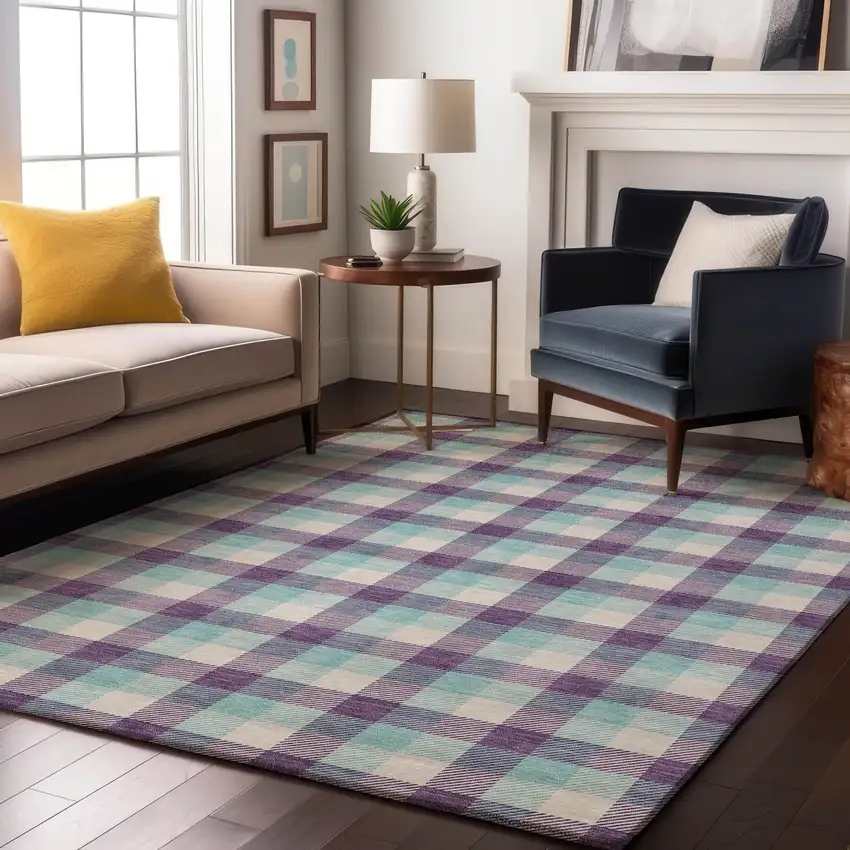 Purple Ivory And Blue Plaid Washable Area Rug With UV Protection Photo 4