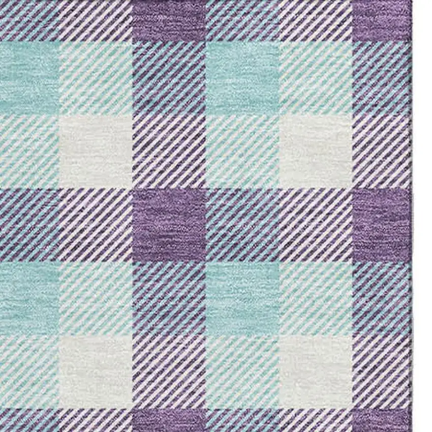 Purple Ivory And Blue Plaid Washable Area Rug With UV Protection Photo 2