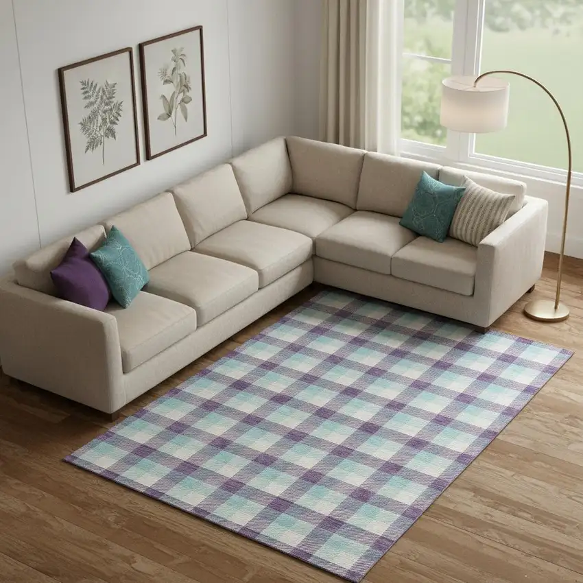 Purple Ivory And Blue Plaid Washable Area Rug With UV Protection Photo 2