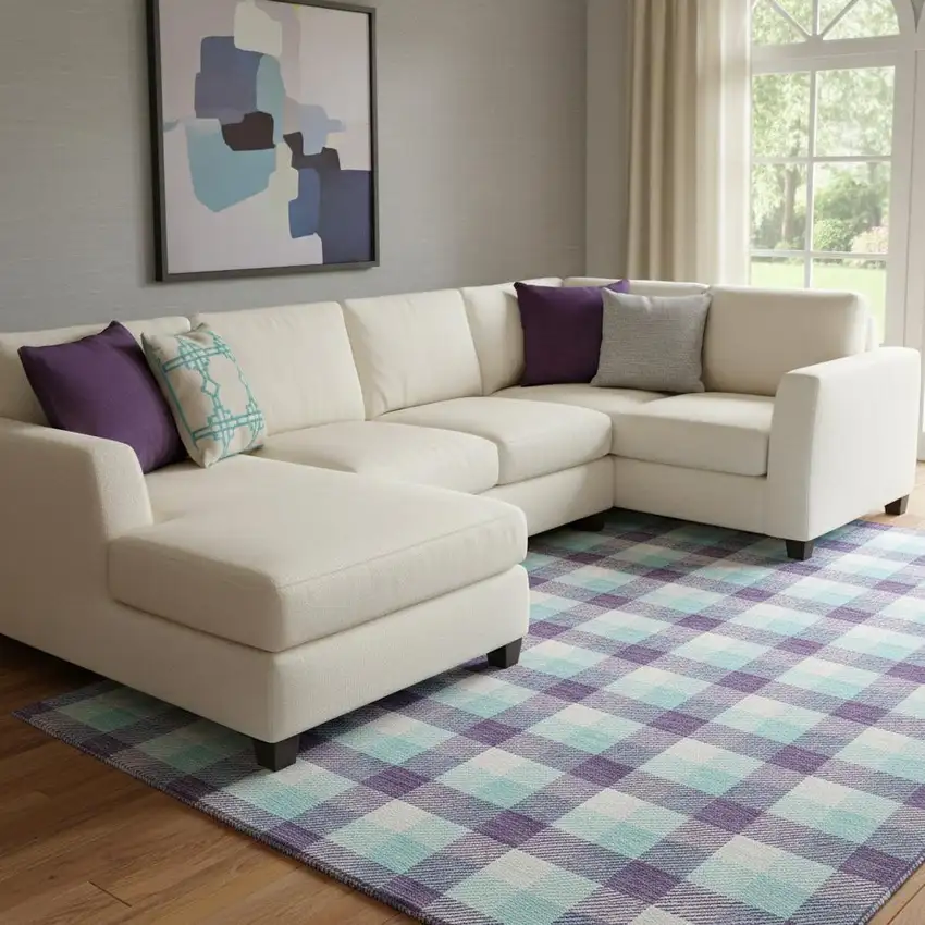 Purple Ivory And Blue Plaid Washable Area Rug With UV Protection Photo 2