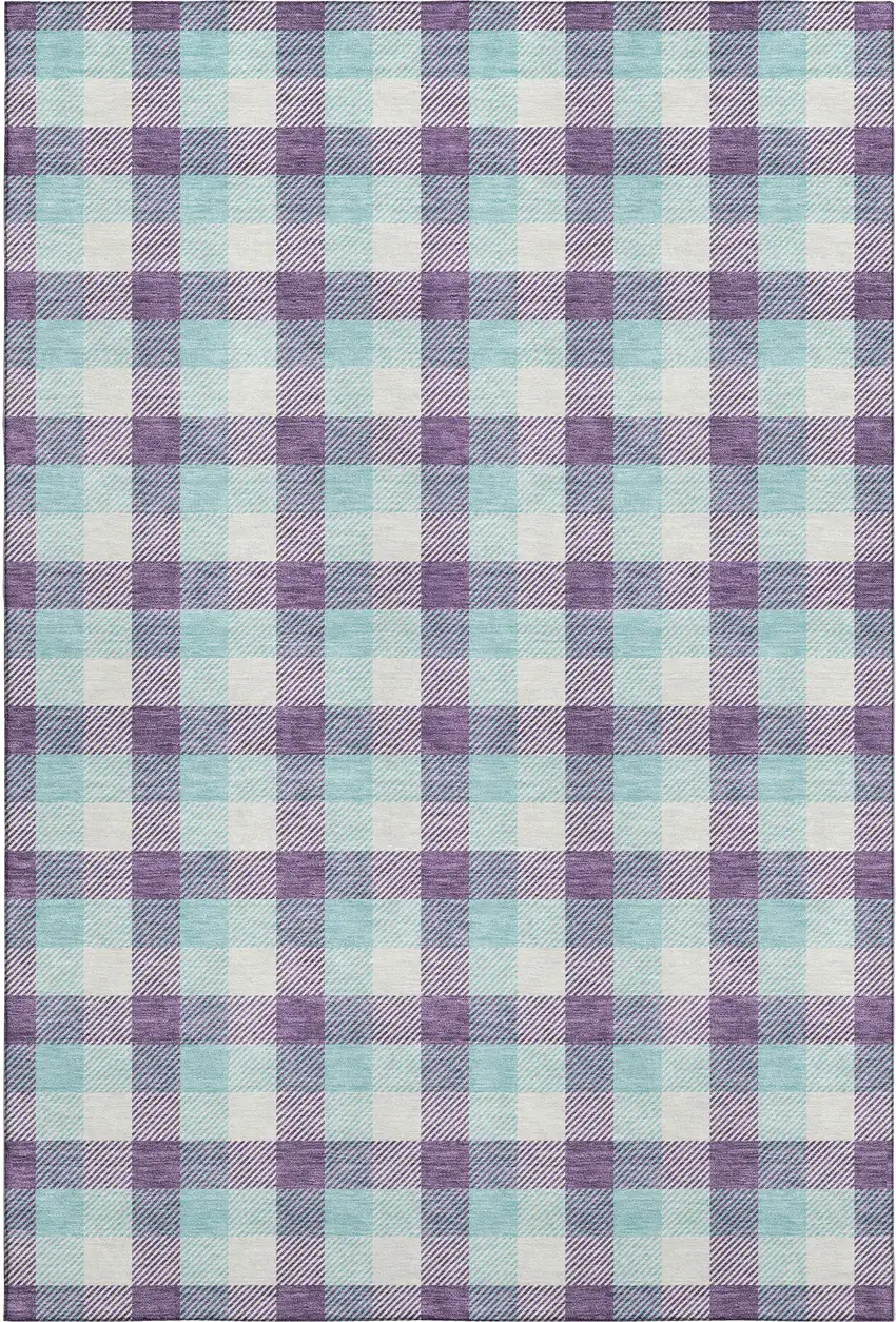Purple Ivory And Blue Plaid Washable Area Rug With UV Protection Photo 1