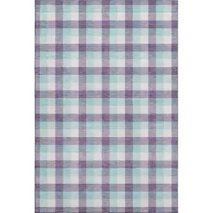 Photo of Purple Ivory And Blue Plaid Washable Area Rug With UV Protection
