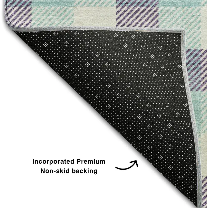 Purple Ivory And Blue Plaid Washable Area Rug With UV Protection Photo 7