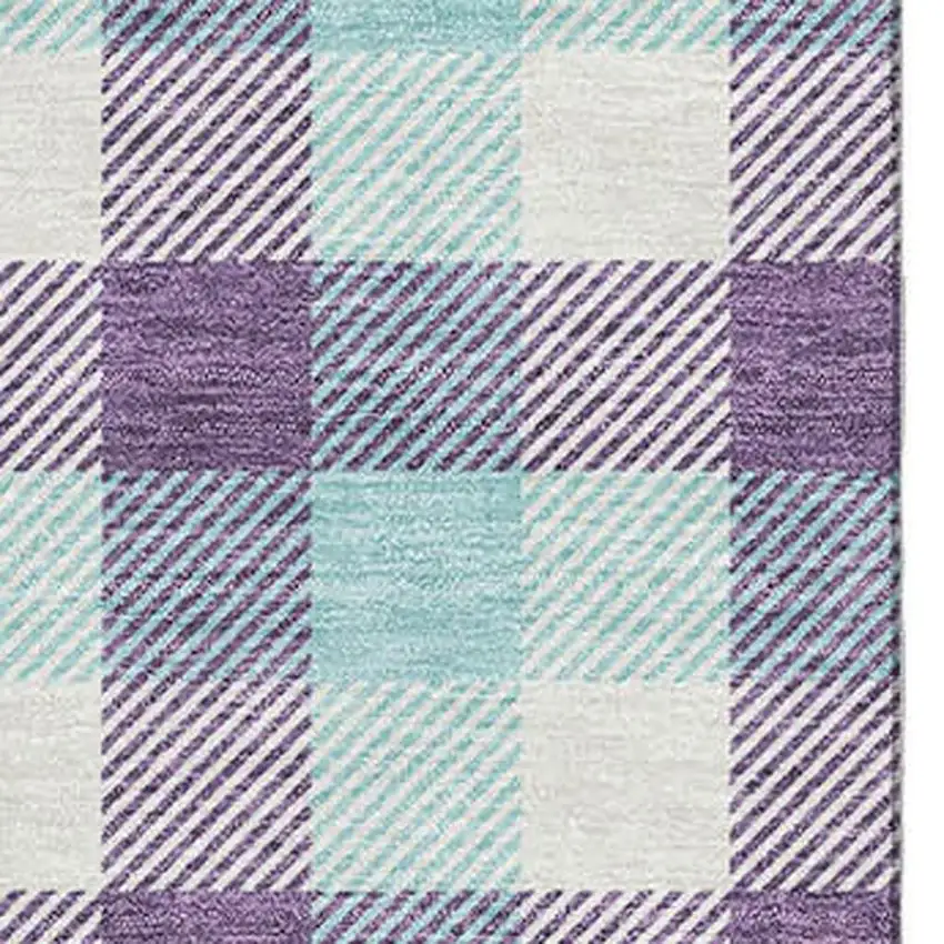 Purple Ivory And Blue Plaid Washable Area Rug With UV Protection Photo 2