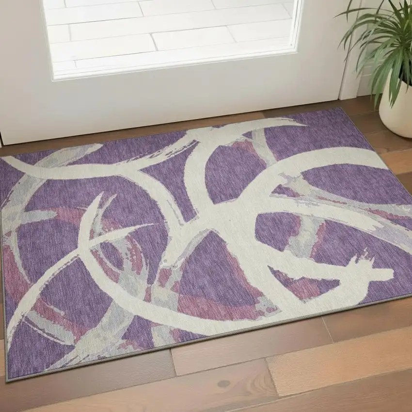 Purple Ivory And Blush Abstract Washable Area Rug With UV Protection Photo 2