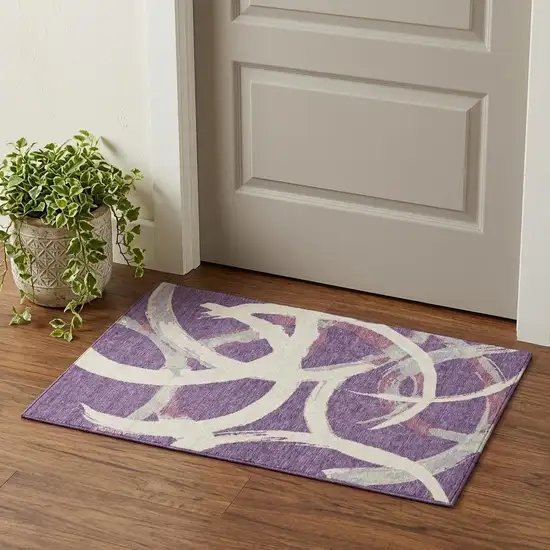 Purple Ivory And Blush Abstract Washable Area Rug With UV Protection Photo 1