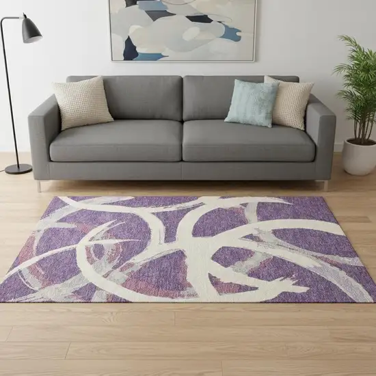 Purple Ivory And Blush Abstract Washable Area Rug With UV Protection Photo 2