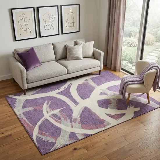 Purple Ivory And Blush Abstract Washable Area Rug With UV Protection Photo 1
