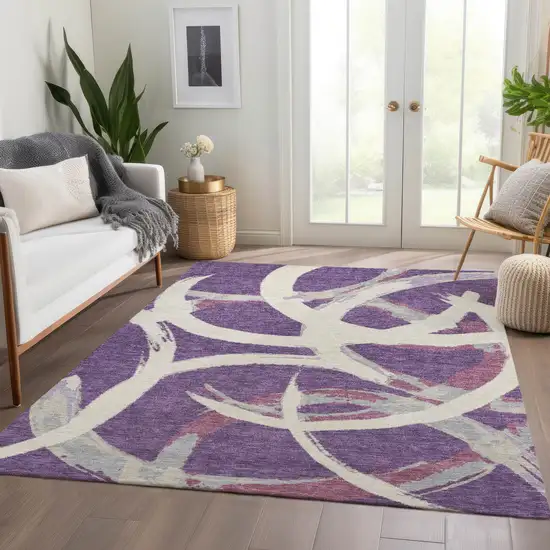 Purple Ivory And Blush Abstract Washable Area Rug With UV Protection Photo 5