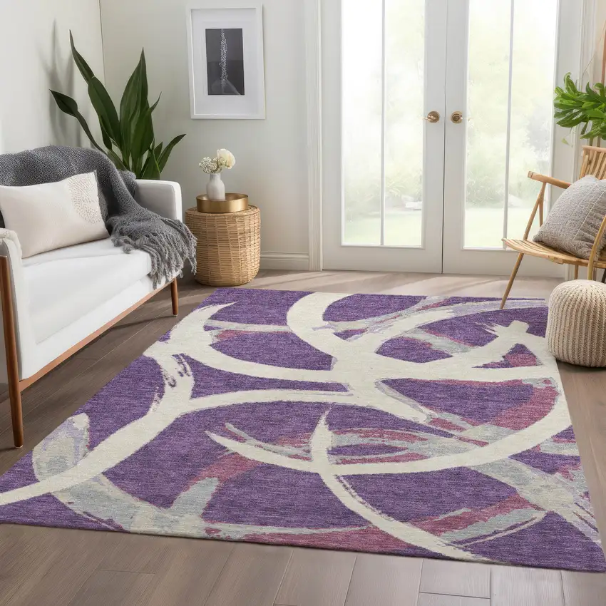 Purple Ivory And Blush Abstract Washable Area Rug With UV Protection Photo 5