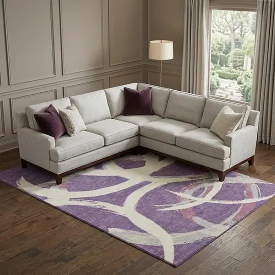Purple Ivory And Blush Abstract Washable Area Rug With UV Protection Photo 1