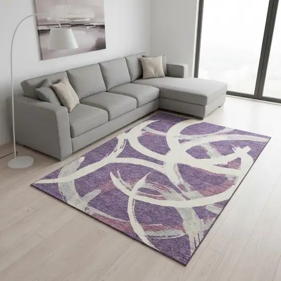 Purple Ivory And Blush Abstract Washable Area Rug With UV Protection Photo 2