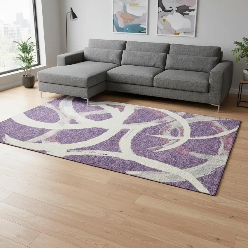Purple Ivory And Blush Abstract Washable Area Rug With UV Protection Photo 2