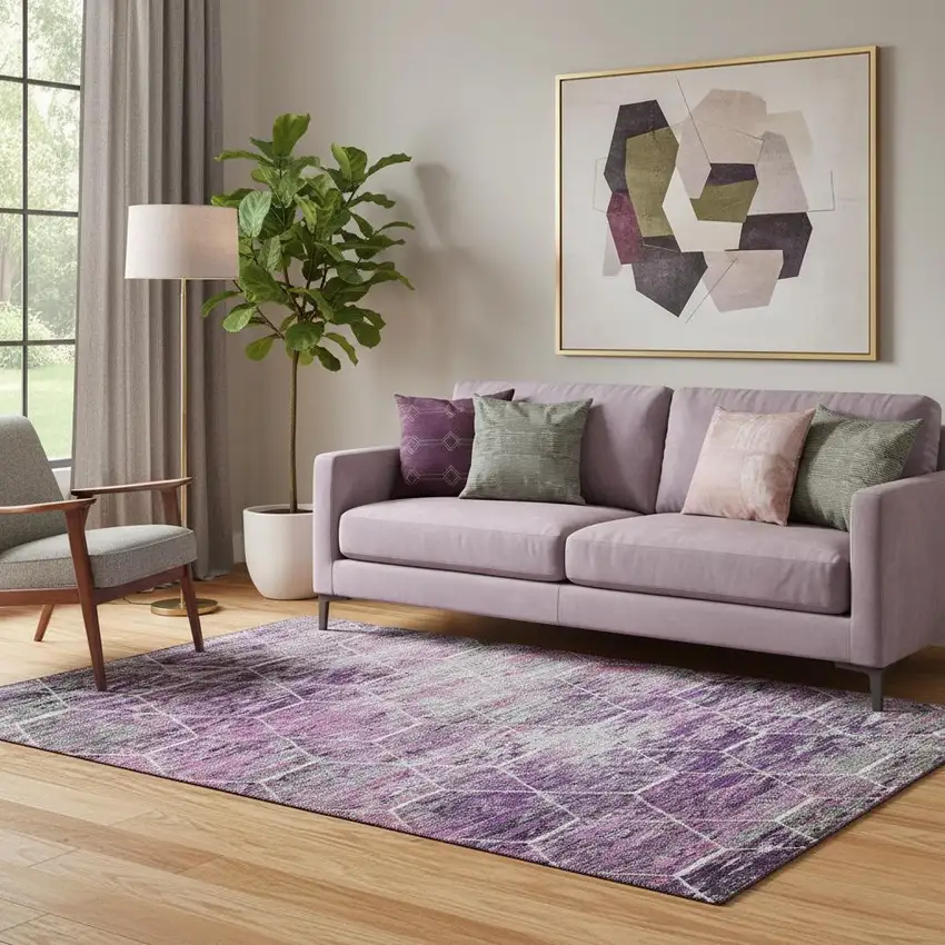 Purple Ivory And Blush Geometric Washable Area Rug With UV Protection Photo 2