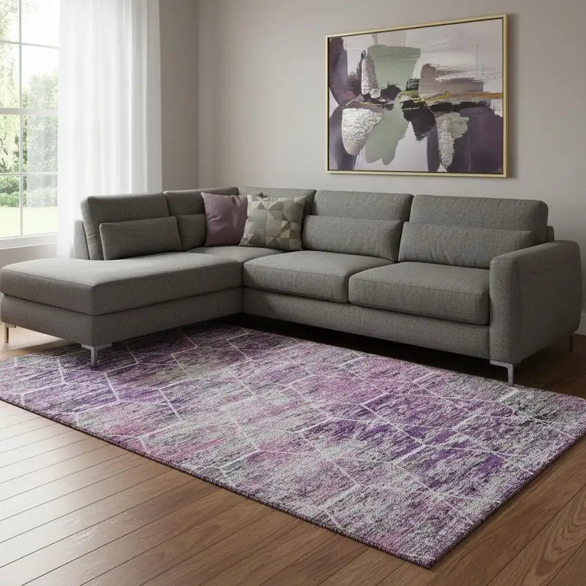 Purple Ivory And Blush Geometric Washable Area Rug With UV Protection Photo 2