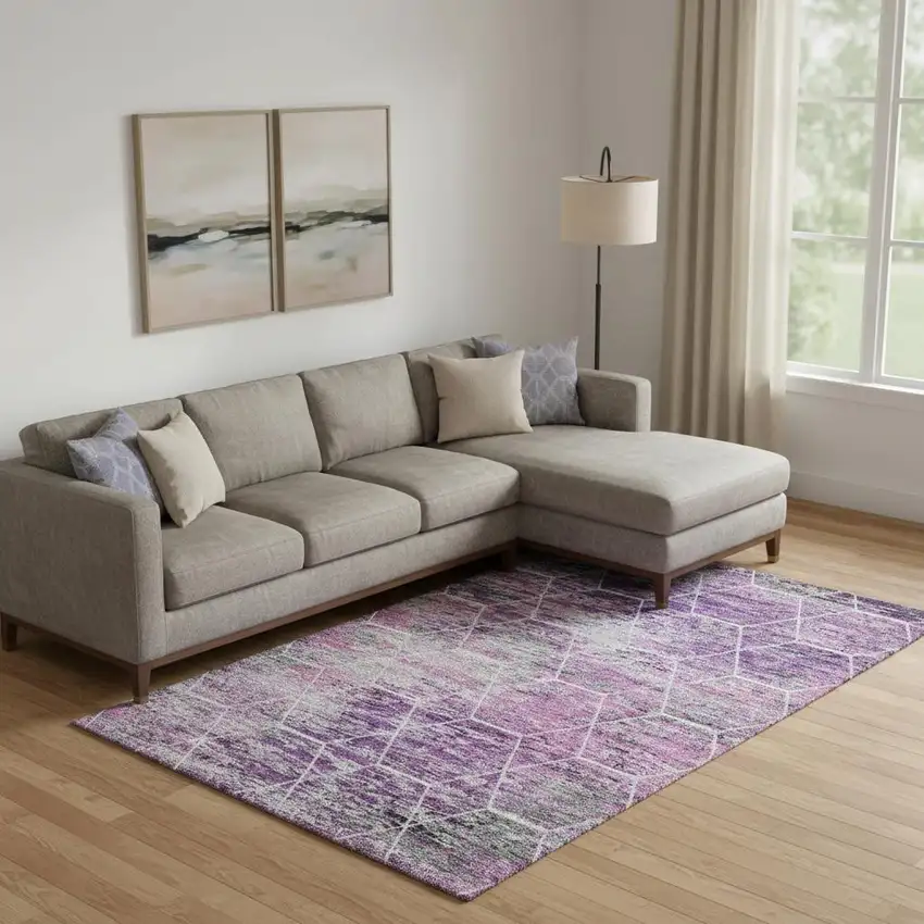 Purple Ivory And Blush Geometric Washable Area Rug With UV Protection Photo 2