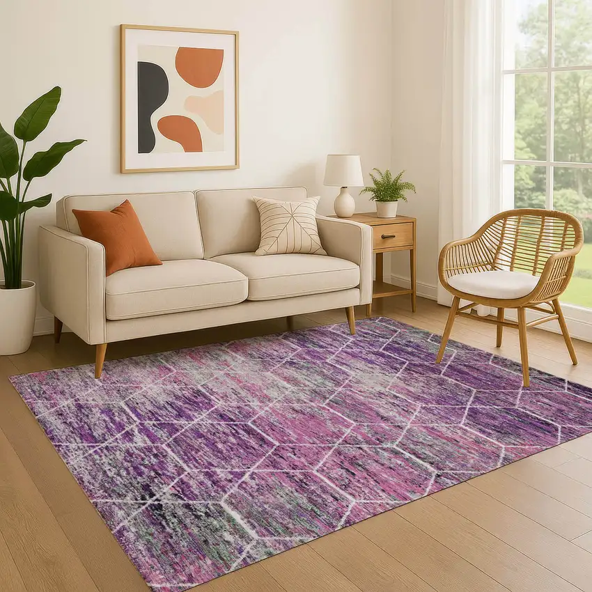Purple Ivory And Blush Geometric Washable Area Rug With UV Protection Photo 4