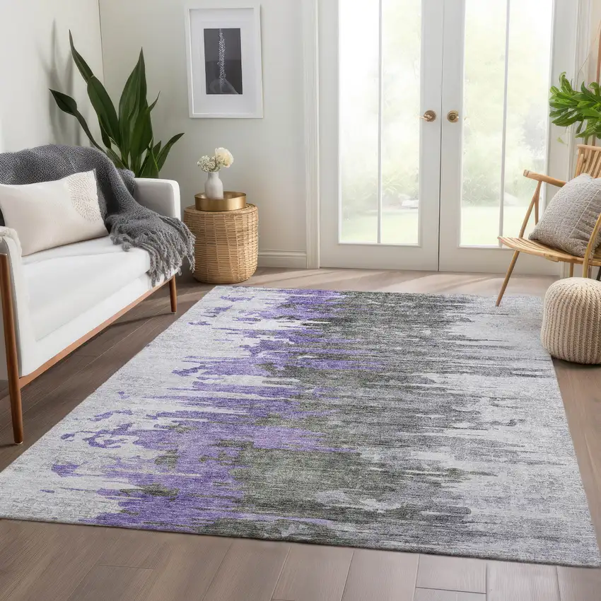 Purple Ivory And Charcoal Abstract Washable Indoor Outdoor Area Rug Photo 8