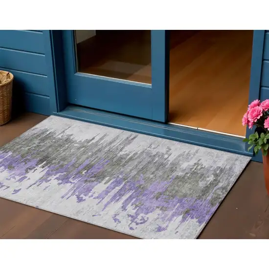 Purple Ivory And Charcoal Abstract Washable Indoor Outdoor Area Rug Photo 1