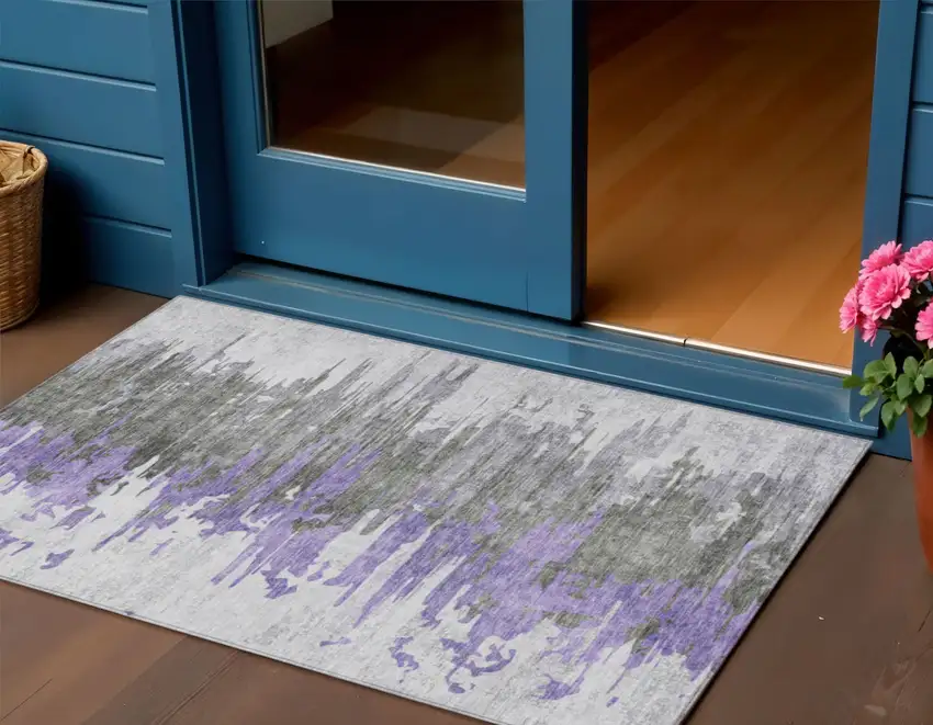 Purple Ivory And Charcoal Abstract Washable Indoor Outdoor Area Rug Photo 1