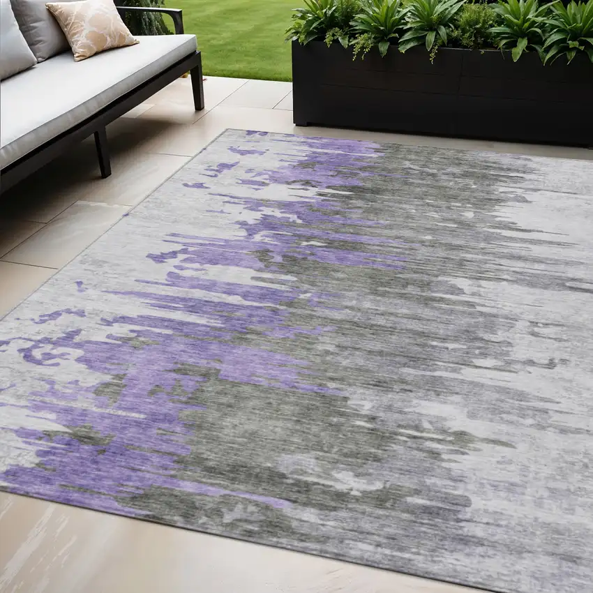 Purple Ivory And Charcoal Abstract Washable Indoor Outdoor Area Rug Photo 1