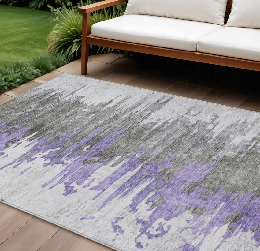 Purple Ivory And Charcoal Abstract Washable Indoor Outdoor Area Rug Photo 1