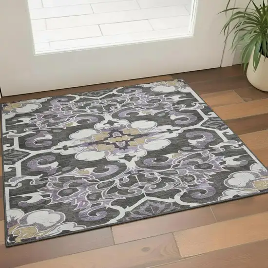 Purple Ivory And Charcoal Floral Medallion Washable Area Rug With UV Protection Photo 2